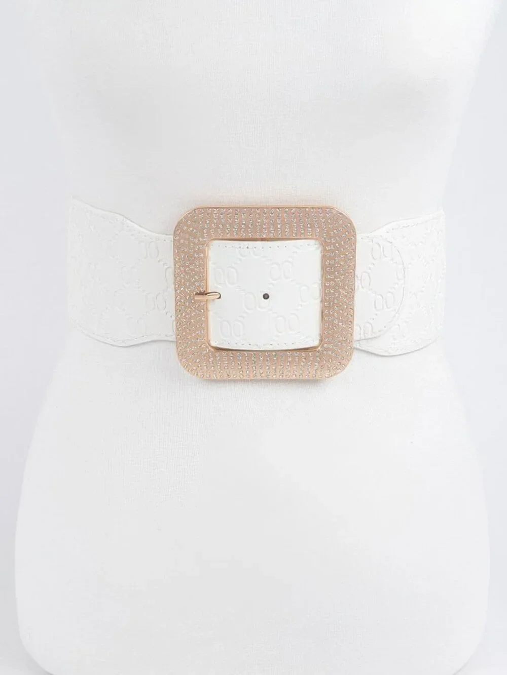 Big Rhinestone Buckle Embossed Elastic Belt